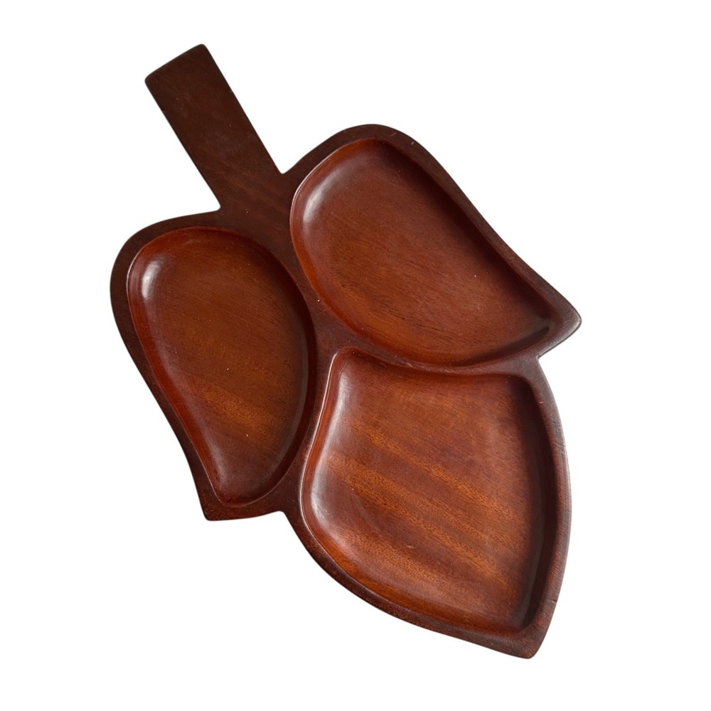 Tropical Brand‎ Leaf Serving Tray Brown Wood Divided 3 Section Vintage